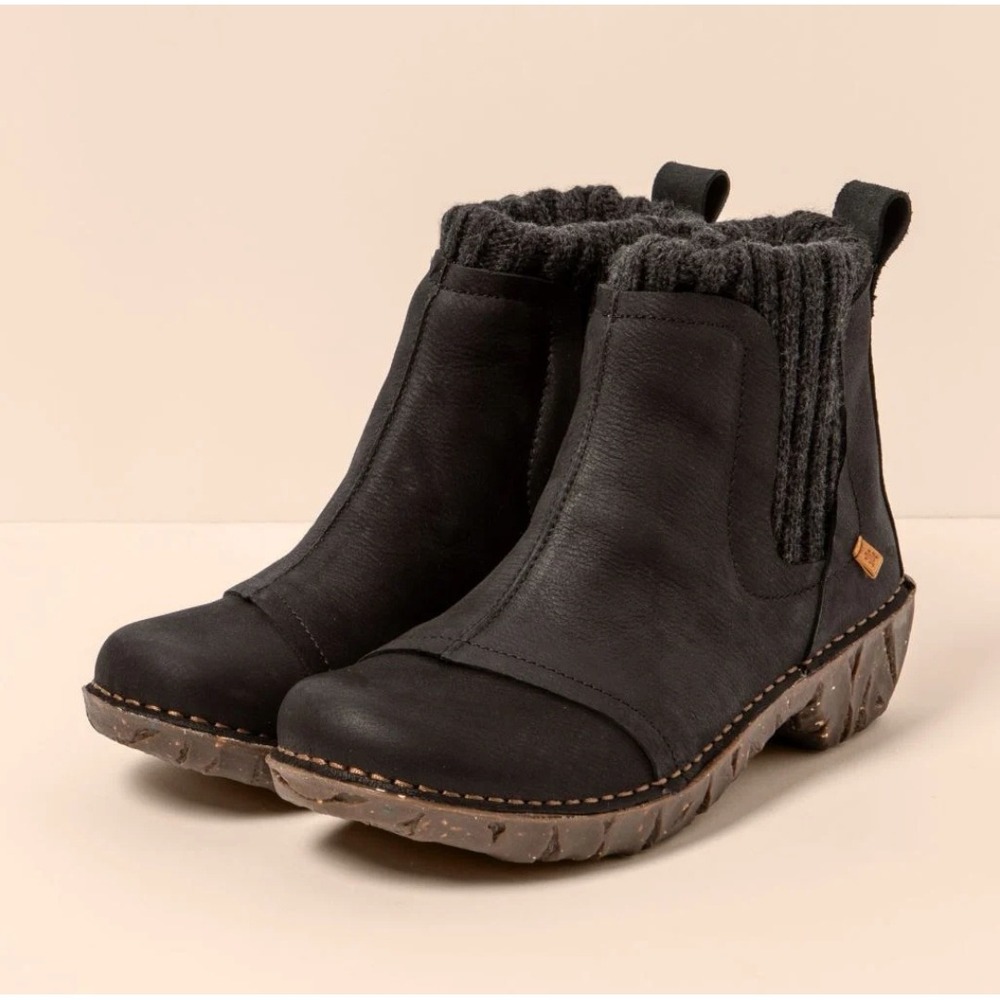 El Naturalista Yggdrasil Boots Black‎ Leather Knit Collar Size 37 Women US 7